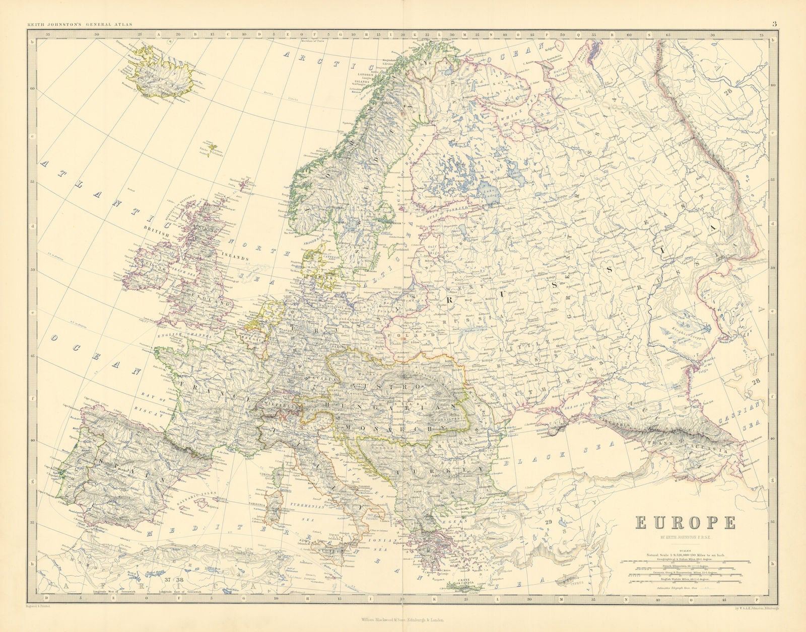 Europe. Austro-Hungarian Monarchy. Prussia. Rumania. 50x60cm. JOHNSTON 1876 map